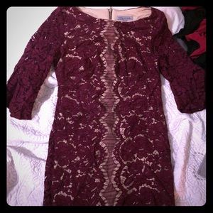 Burgundy belle sleeve lace formal dress